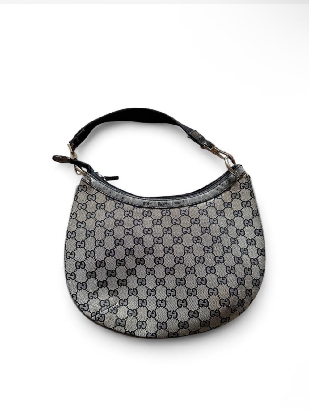 Gucci Gray GG Canvas Crescent Shoulder Bag with Black Trim